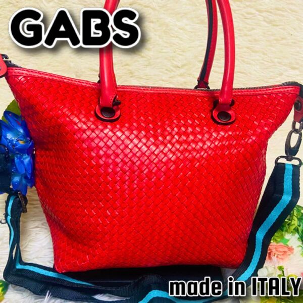 2way●GABS●ガブス●ショルダーバッグ●ハンドバッグ●RED●本革レザー●編み込み●イタリア●牛革●肩がけ●カーフレザー●