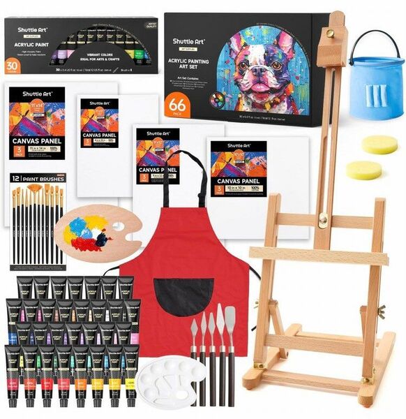 アクリル 絵の具 66点 セット 30色 木製イーゼル 筆 パレット バケツ