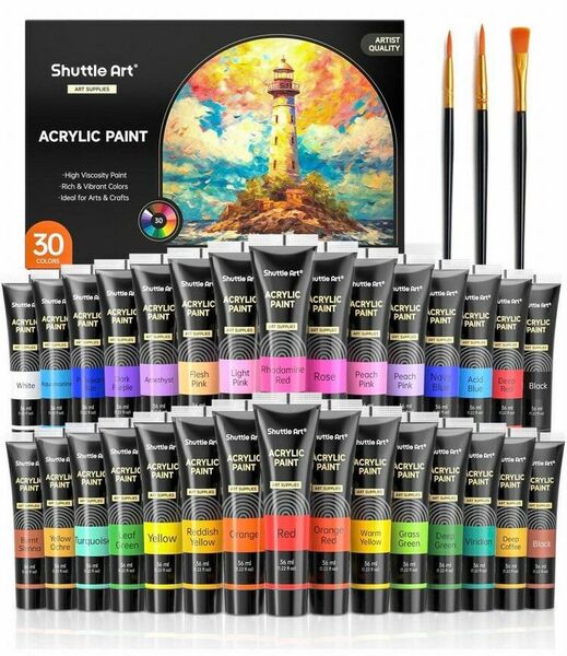 アクリル 絵の具 顔料 30色セット ペイントブラシ3本付 速乾 耐久 36ml