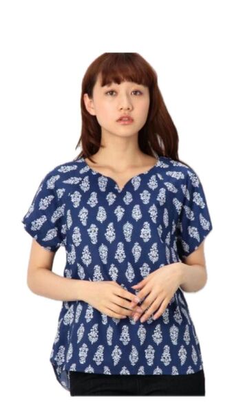 coen フラワーT ブラウス コーエン シャツ 夏服 プリント ネイビー