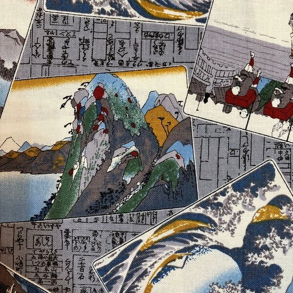 和柄 グレー地 葛飾北斎 浮世絵柄 古地図地 50cm シーチング 生地ハギレ