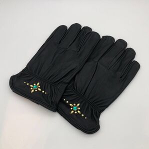 レザーグローブ バイクグローブ HTC風 【ゴールド/グリーン】 ブラック S〜XL