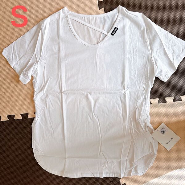 半袖 Tシャツ【S】ゆったり Uネック ビッグシルエット 綿100% 無地 韓国風 ホワイト 白 ビッグtシャツ カジュアル
