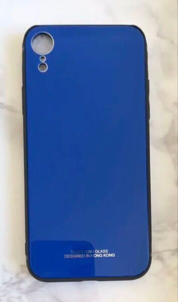 iPhoneXR ブルー 青 シンプル☆耐衝撃背面9Hガラスケース