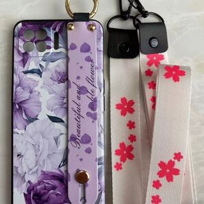 可愛い&ハンドベルト&ストラップ2点付き OPPO A73 ③紫の花