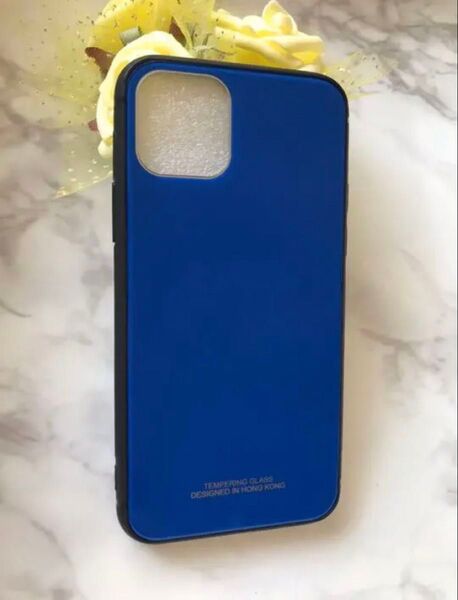 iPhone11ProMax ブルー 青色 シンプル☆耐衝撃背面9Hガラスケース