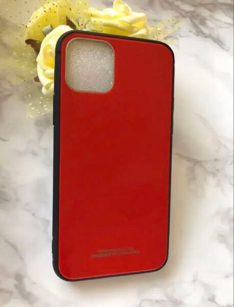 シンプル☆耐衝撃背面9Hガラスケース iPhone11ProMax レッド 赤