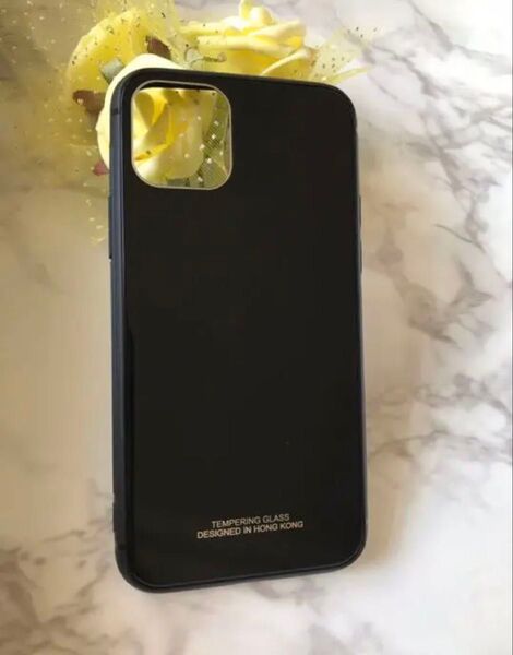 iPhone11ProMax ブラック 黒 シンプル☆耐衝撃背面9Hガラスケース
