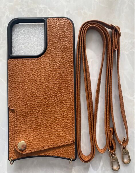 iPhone14Pro 可愛い&シンプルレザーソフトケース&ストラップセット ブラウン 茶色