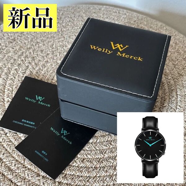 高級感◎WellyMerckメンズ腕時計 薄型 防水 イタリアンレザー ギフト ブルー 20mmレザーベルト