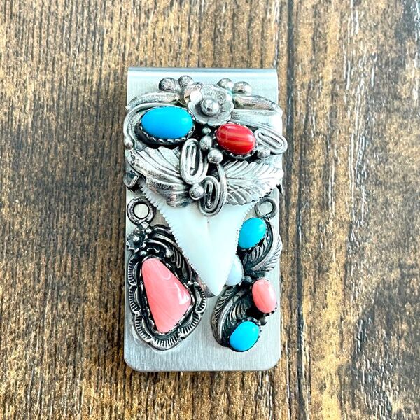 SILVER シルバー インディアンジュエリー マネークリップ Zippo リメイク 作家 ホワイトターコイズ コーラル 銀製