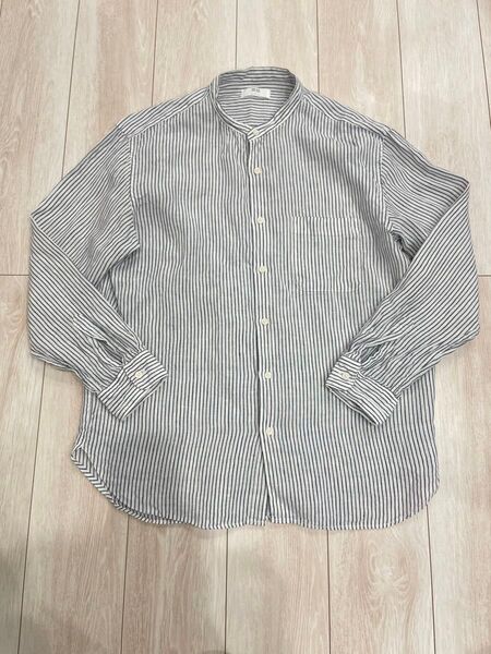 UNIQLO プレミアムリネンスタンドカラーストライプシャツ 長袖シャツ
