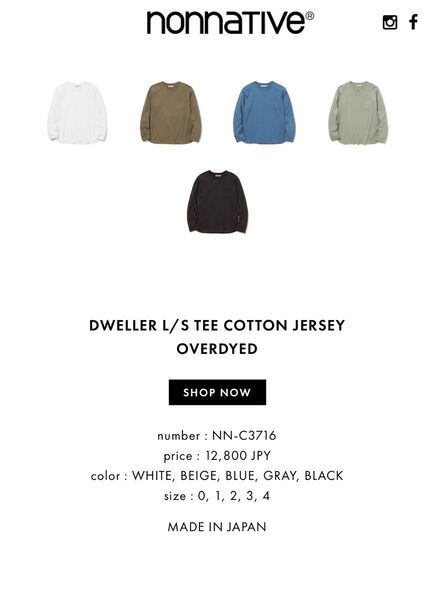nonnative DWELLER L/S TEE COTTON JERSEY OVERDYED BLUE