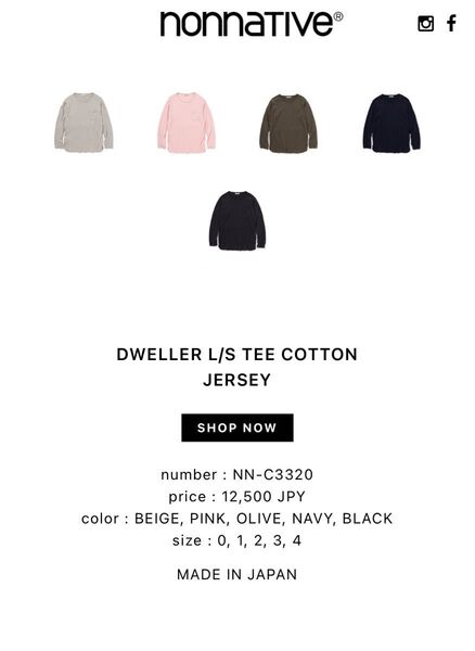 nonnative DWELLER L/S TEE COTTON JERSEY PINK