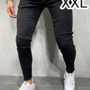 XXL メンズブラック ストレッチデニムパンツ スキ二ー 細身 スリムパンツ オールシーズン