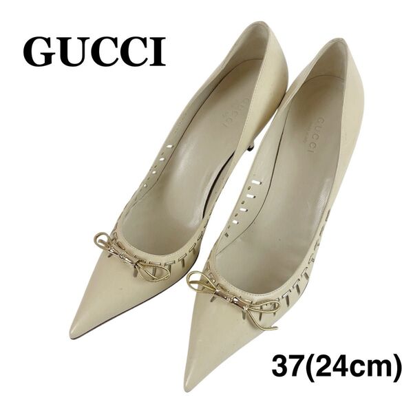 グッチ GUCCI ポインテッド トゥ パンプス ハイヒール ピンヒール バンブー モチーフ ゴールドリボン 24cm サイズ37