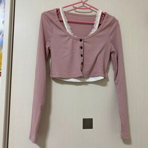 ショート丈トップス リブトップス ピンク レース キャミソール 重ね着風