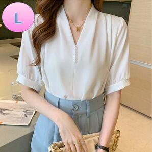 パール付きブラウス L 白シャツ パール レディースフォーマル 通勤