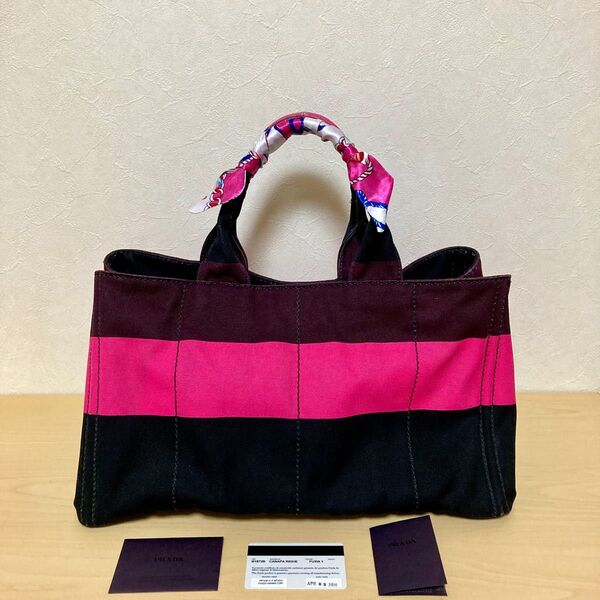 PRADA プラダ B1872B カナパ トートバッグ ピンク ボルドー ブラック ボーダー ハンドバッグ