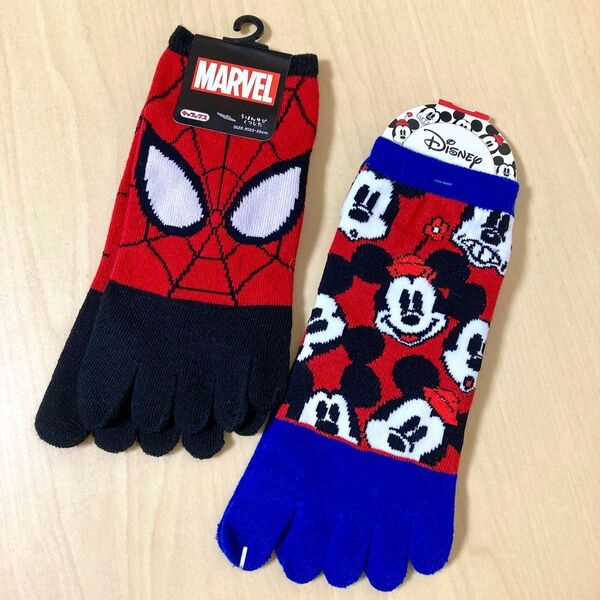MARVEL スパイダーマン Disney ミッキー 2足セット ソックス 23〜25cm 5本指 靴下 マーベル ディズニー
