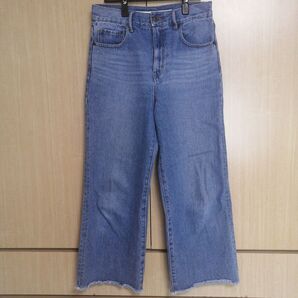 ニコアンド デニムワイドパンツ 裾フリンジブルー系
