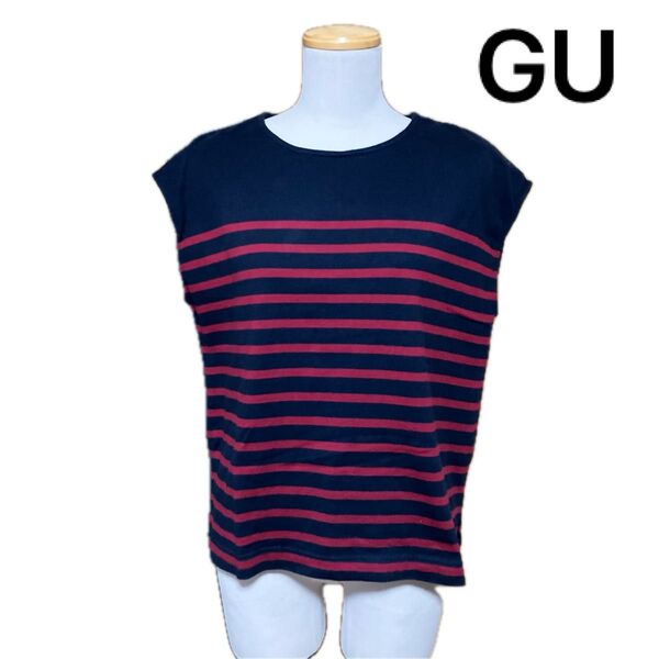 GU ボーダー柄ノースリーブTシャツ ネイビー×レッド