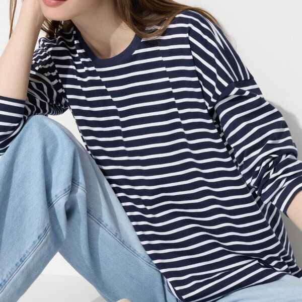 ユニクロ スムースコットンリラックスT 長袖Tシャツ L ボーダー カットソー ネイビー