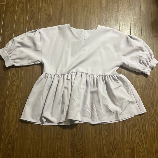 coca コカ バック パール ペプラム ギャザー ブラウス L パープル カットソー(中古美品)