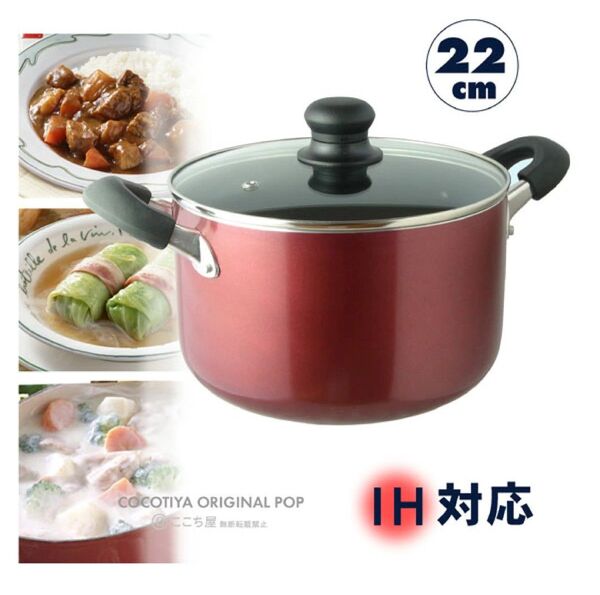 ガラス蓋付 半寸胴鍋 22cm 両手鍋 ふっ素加工 深型 カレー 煮込
