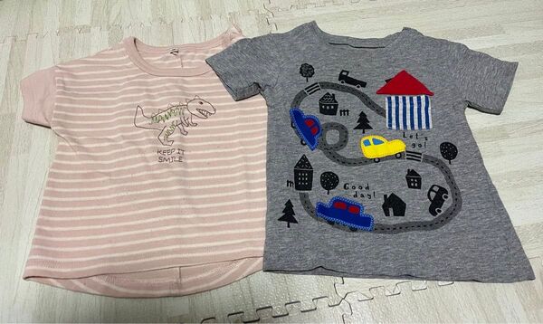 Tシャツ ベビー 子ども キッズ 半袖 90 95 ピンク 恐竜 車 グレー