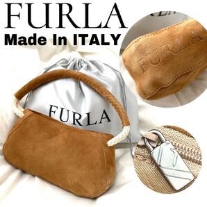 極美品【FURLA】イタリア製 本革/スエード ハンドバッグ キャメル茶 フルラ