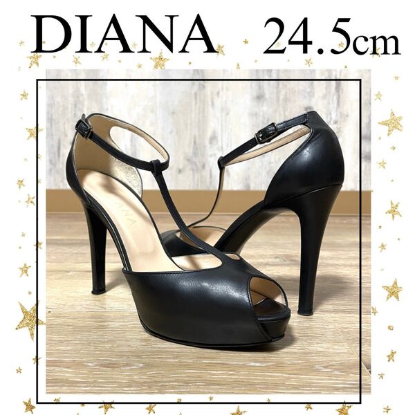 良品【DIANA】本革オープントゥパンプス 11cmピンヒール 黒 24.5cm