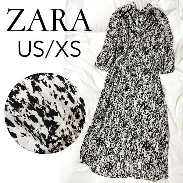 美品【ZARA】総柄マキシ丈ワンピース ホワイト×ブラック JP/S相当