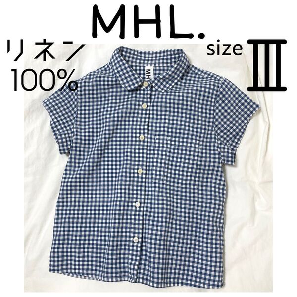 美品【MHL.】丸襟フレンチスリーブシャツ リネン/麻100% ギンガムチェック