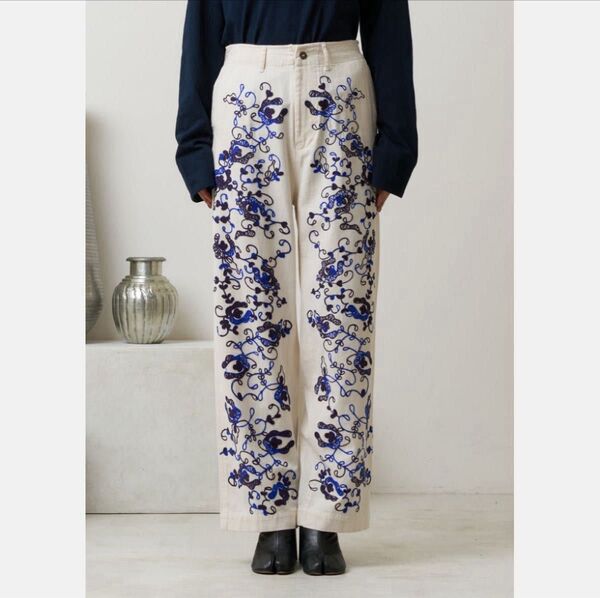ne quittez pas 刺繍パンツ sara mallika ブルー ホワイト Embroidery Pants