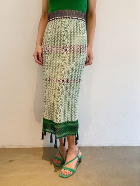 マメ Rib Jacquard Pedicel Knit Skirt グリーン ロングスカート