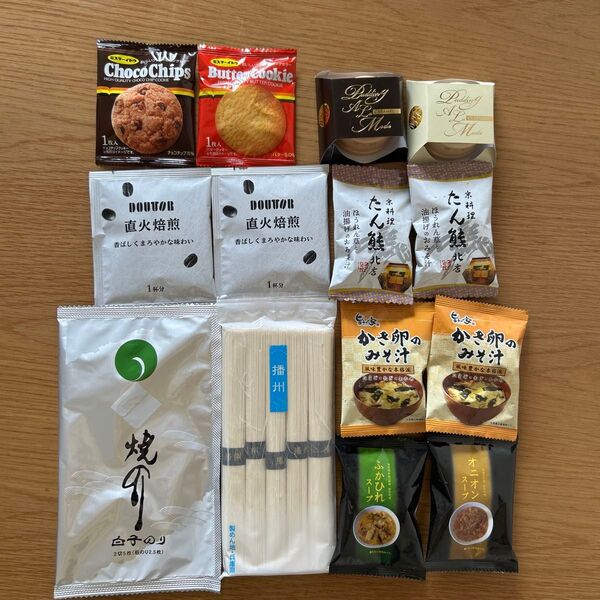 【14点セット】【プリンあり】食品詰め合わせセット まとめ売り そうめん スープ みそ汁 おやつ のり コーヒー クッキー