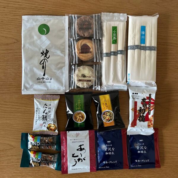 ①【15点セット】食品詰め合わせセット まとめ売り そうめん スープ みそ汁 おやつ のり コーヒー クッキー