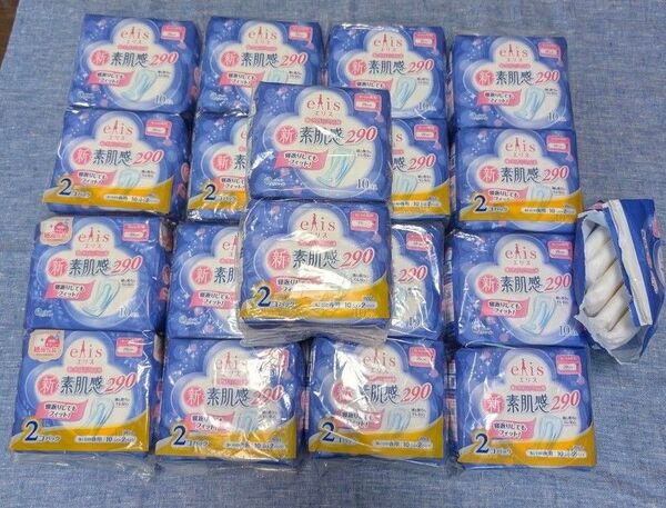 12日迄お値下げ エリス 新・素肌感290 多い日の夜用(羽なし29cm ) 10個入 × 18袋 180枚 + 5枚(おまけ)