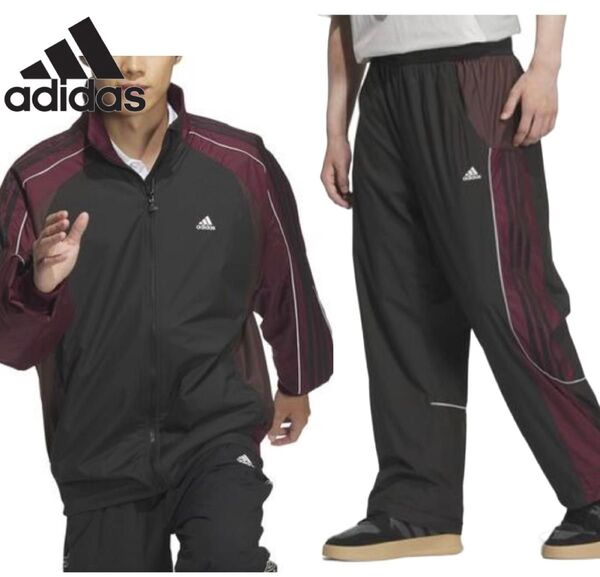 2XL 新品 adidas アディダス 上下セット ナイロン ウィンドブレーカー パンツ ウーブン セットアップ 黒 刺繍ロゴ