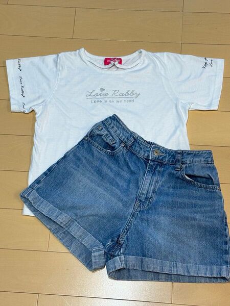 【2点セット】女の子 160㎝ Love Rabby 半袖Tシャツ& Honeys デニムショートパンツ Mサイズ セット