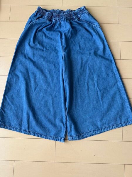 【NAVY】【160㎝】薄手デニム ガウチョパンツ ワイドパンツ ウエストゴム ブルー 女の子 春夏用 両脇ポケット有り