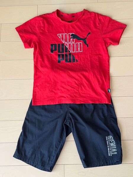 【2点セット】【140㎝】PUMA Tシャツ 赤、イオン トップバリュ GENIAL ハーフパンツ 黒、2点セット 半袖難あり