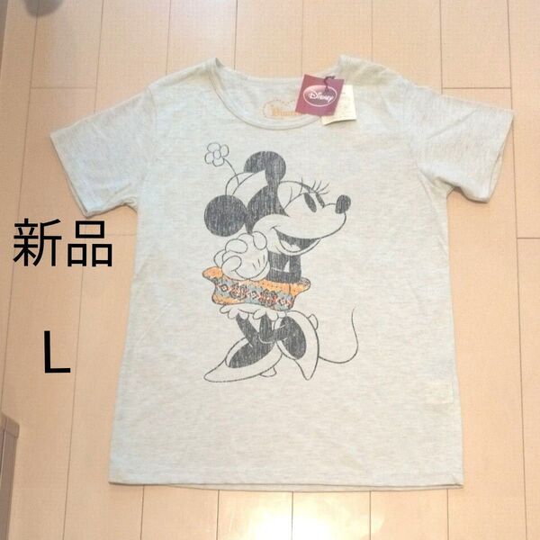 Disney ミニーマウス 半袖 Tシャツ レディース ライトグレー サイズL タグ付き新品未使用 UV加工 紫外線半減
