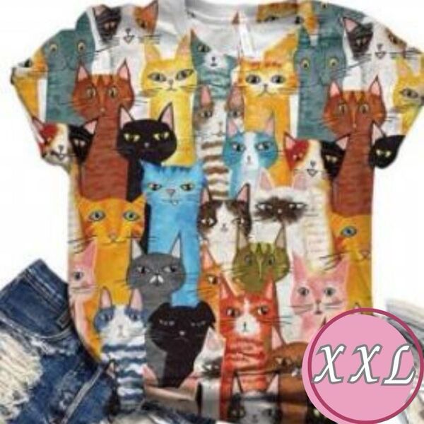 Tシャツ 猫柄 ゆったり XXL カジュアル 派手 レディース 夏 かわいい