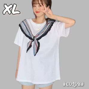 【マリンスタイル】 半袖Tシャツ スカーフ付き リボンタイ ゆったりシルエット 涼しげ 可愛い レトロ カジュアル 1枚でオシャレ