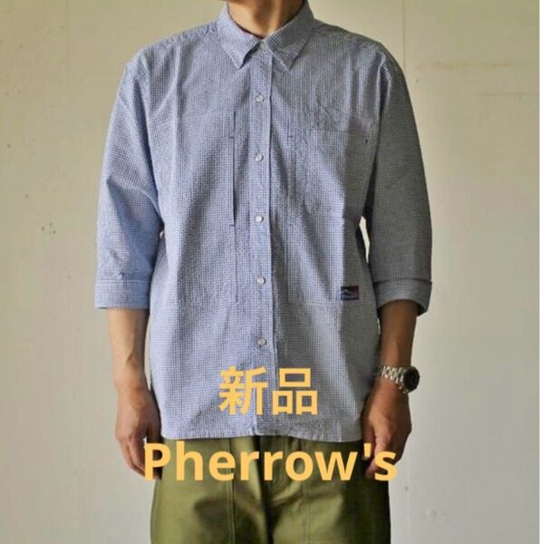 新品 Pherrow's シアサッカー7分袖チェックシャツ フェローズ L