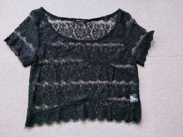 oneway レース ショート丈トップス 重ね着 半袖 トップス 黒