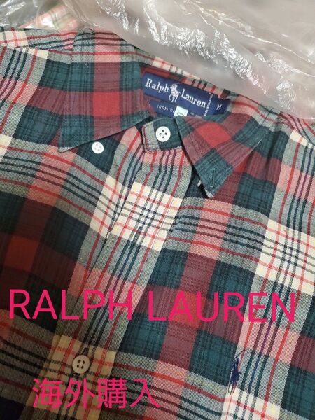 海外購入。RALPH LAUREN 長袖シャツ M チェック ボタンダウン 大きめ。未使用に近い!