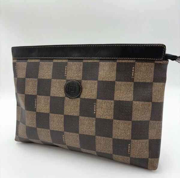 FENDI フェンディ ペカン レザー PVC クラッチバッグ ポーチ 小物入れ カーキ